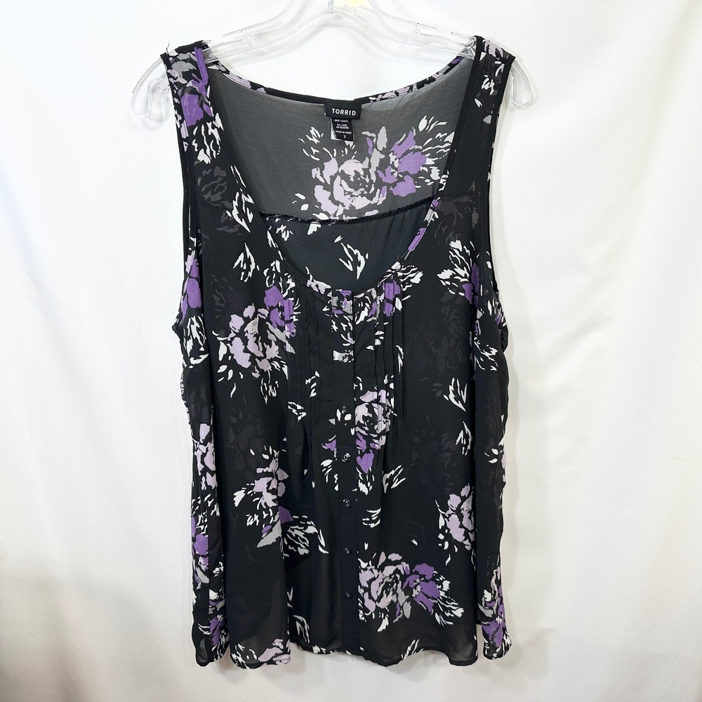 Torrid Plus Size 2X Tank Top Black Purple Floral Chiffon Tulip Back 1695 - Picture 2 of 10